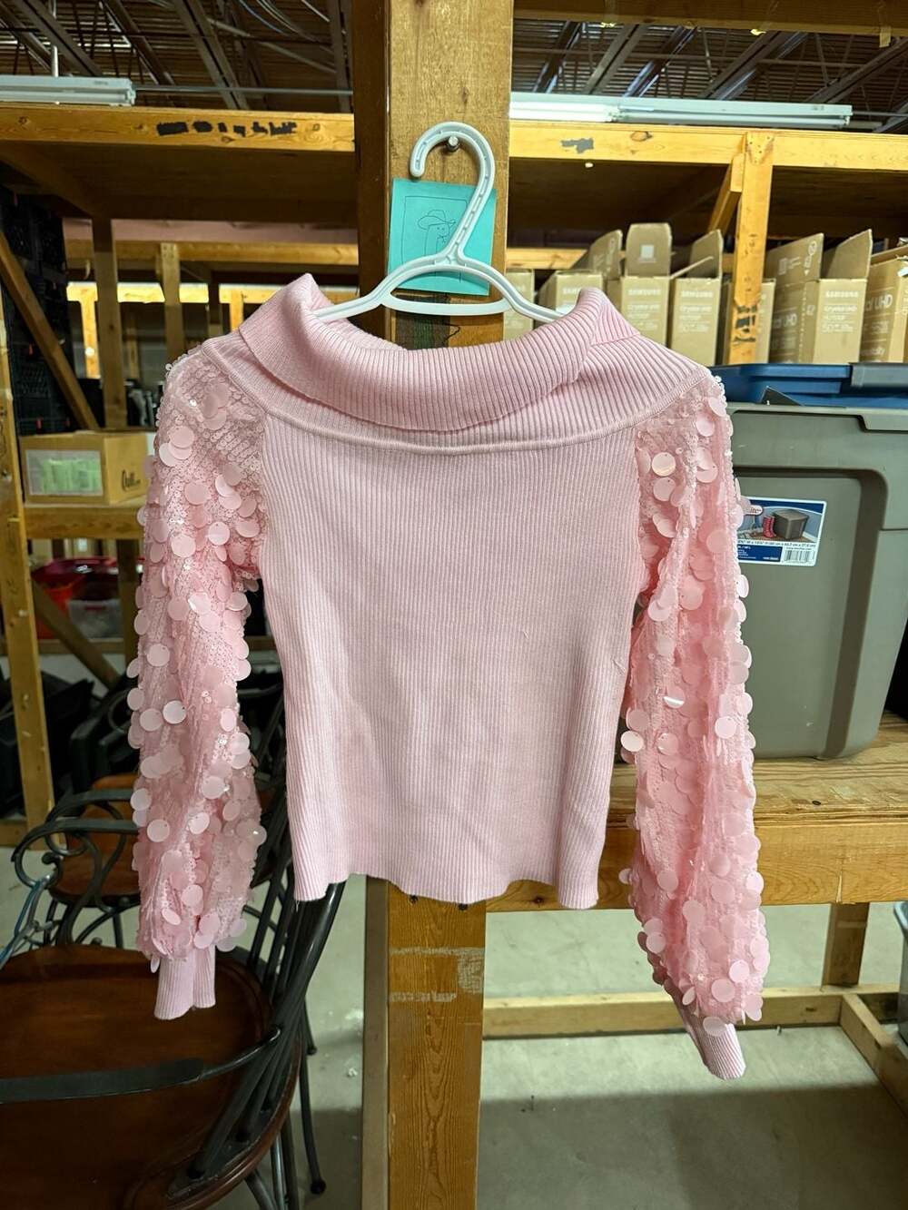 Madden Girl Knit Top Size M Pink Sequin Mesh Sleeve Cowl Neck